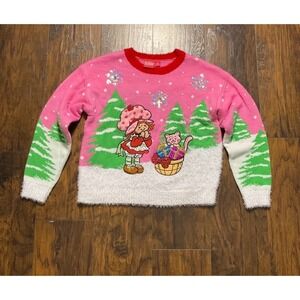 Strawberry Shortcake Pink Christmas Ugly Sweater Sequin Snowflake Womens Small